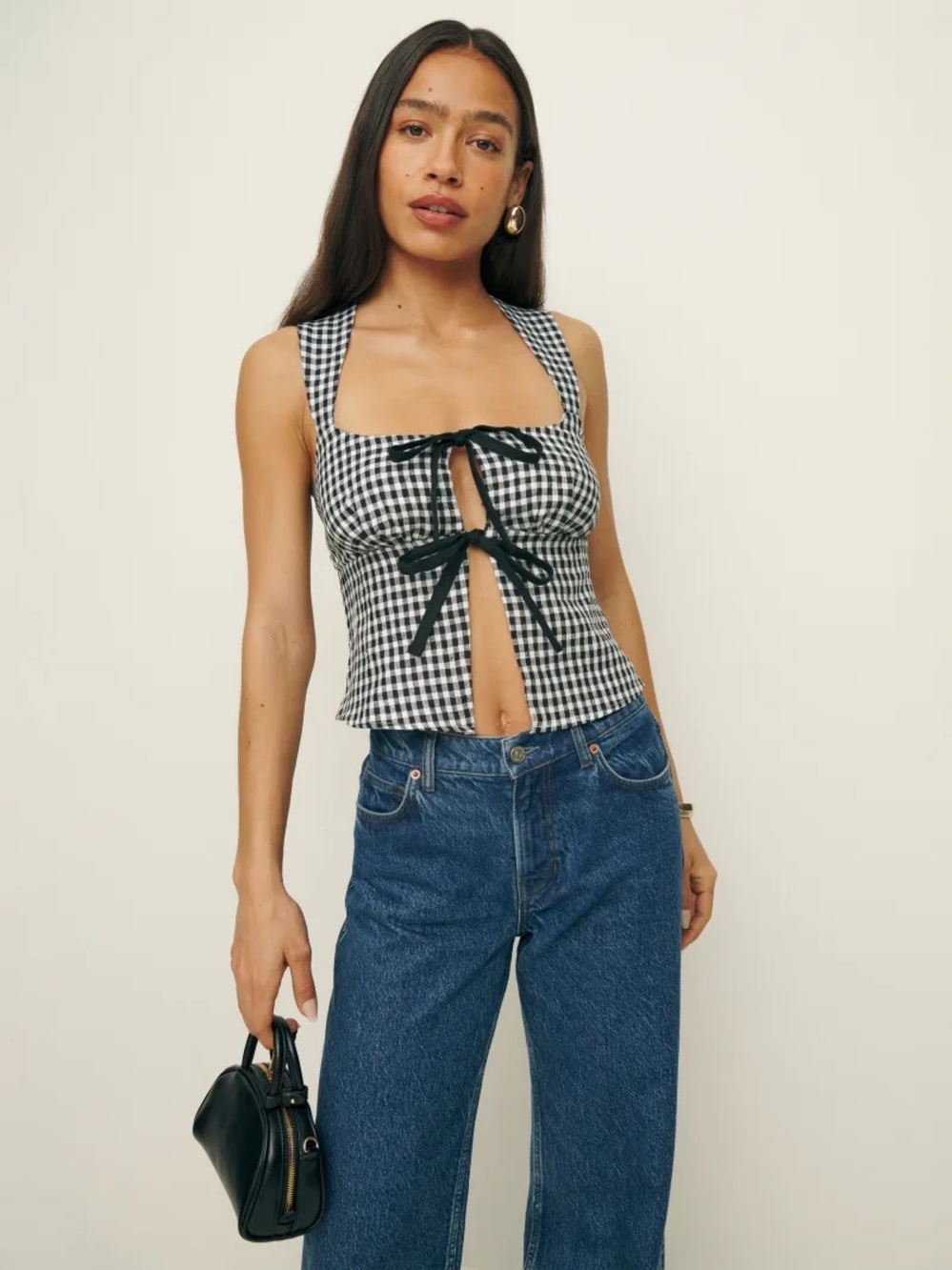 Reformation Gingham Tie Front Top